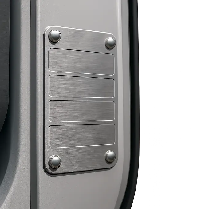 Close-up of a blank metal identification plate riveted to a truck door frame, where a Form 2290 VIN correction starts